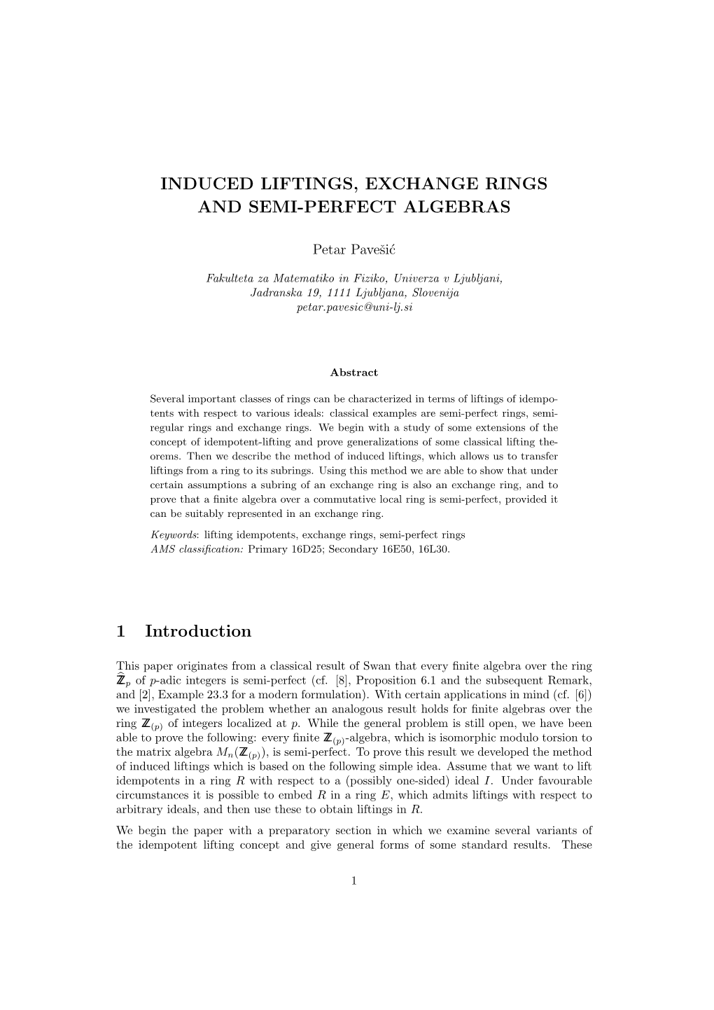 Induced Liftings, Exchange Rings and Semi-Perfect Algebras