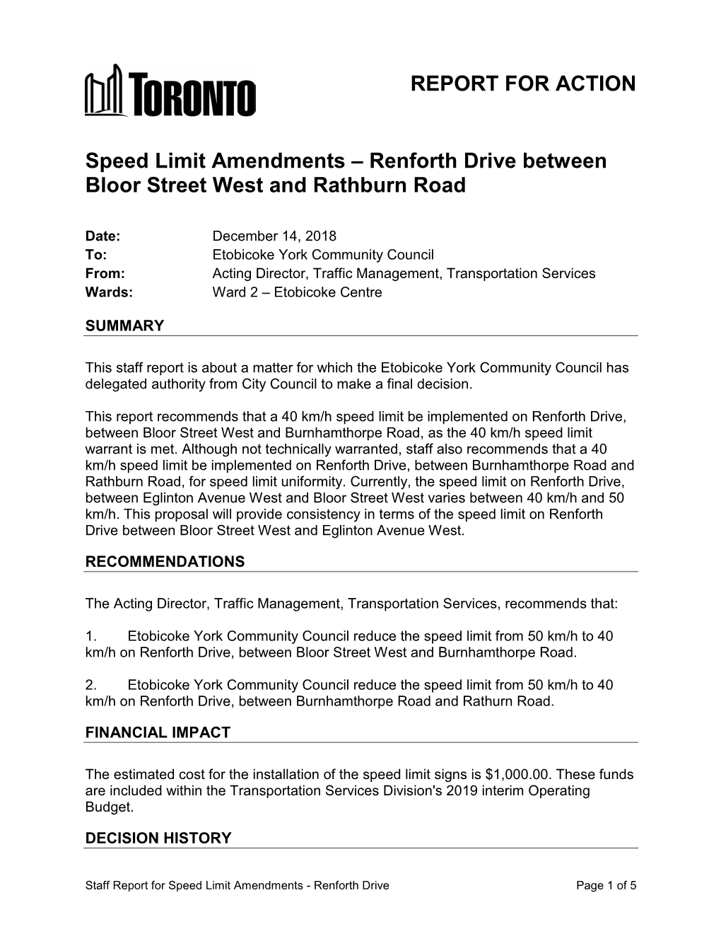 Speed Limit Amendments – Renforth Drive Between Bloor Street West and Rathburn Road