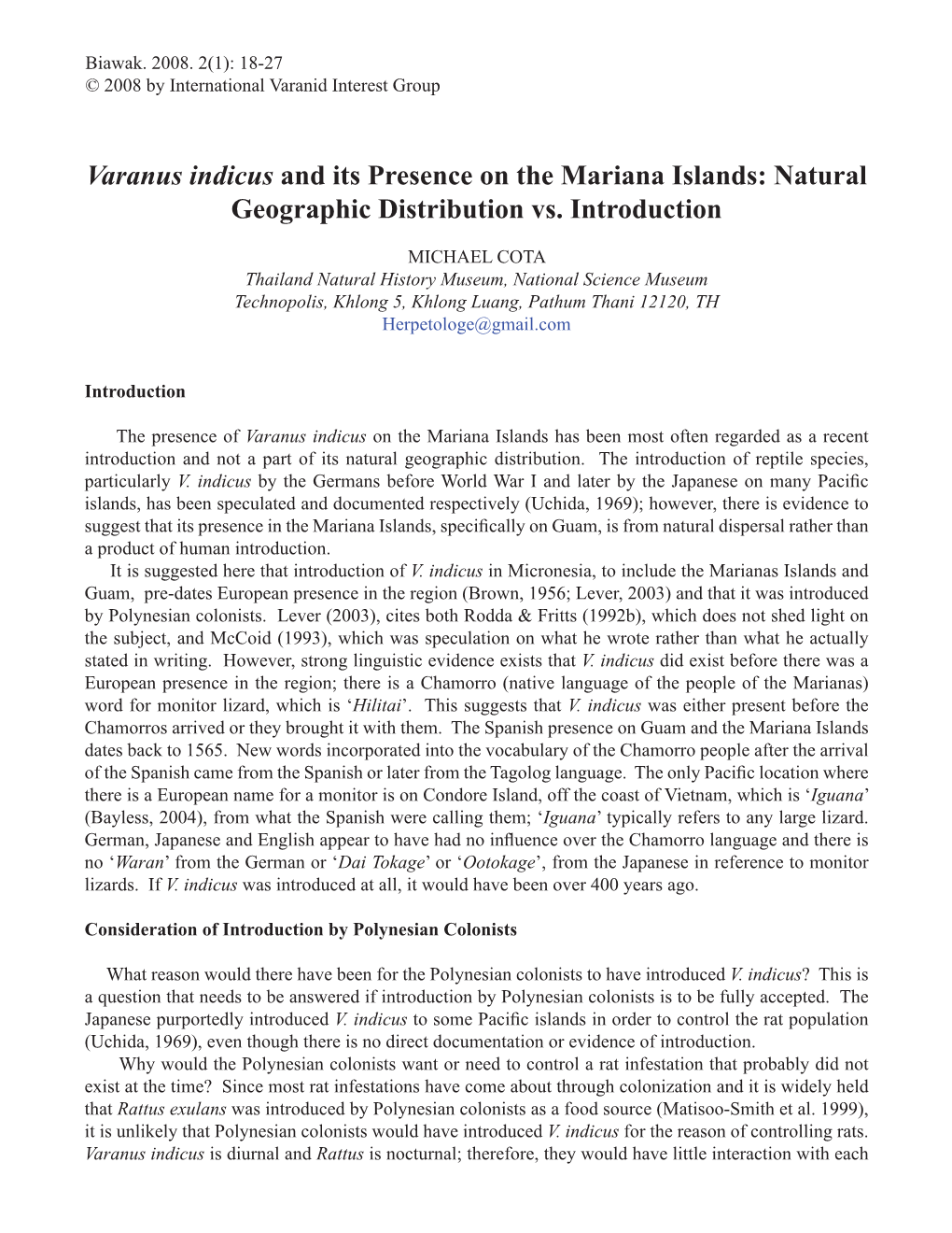 Varanus Indicus and Its Presence on the Mariana Islands: Natural Geographic Distribution Vs