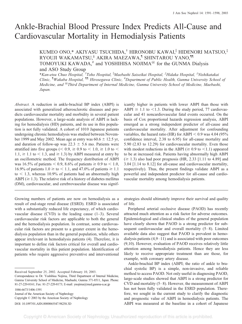 Ankle-Brachial Blood Pressure Index Predicts All-Cause and Cardiovascular Mortality in Hemodialysis Patients