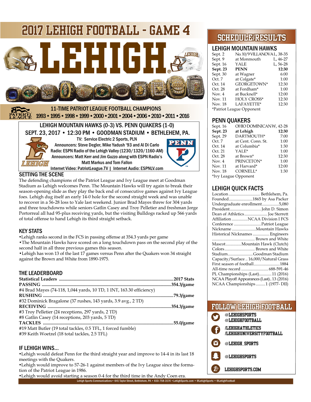 2017 LEHIGH FOOTBALL - GAME 4 SCHEDULE/RESULTS LEHIGH MOUNTAIN HAWKS Sept