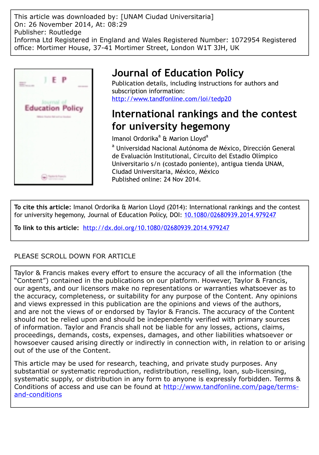 International Rankings and the Contest for University Hegemony