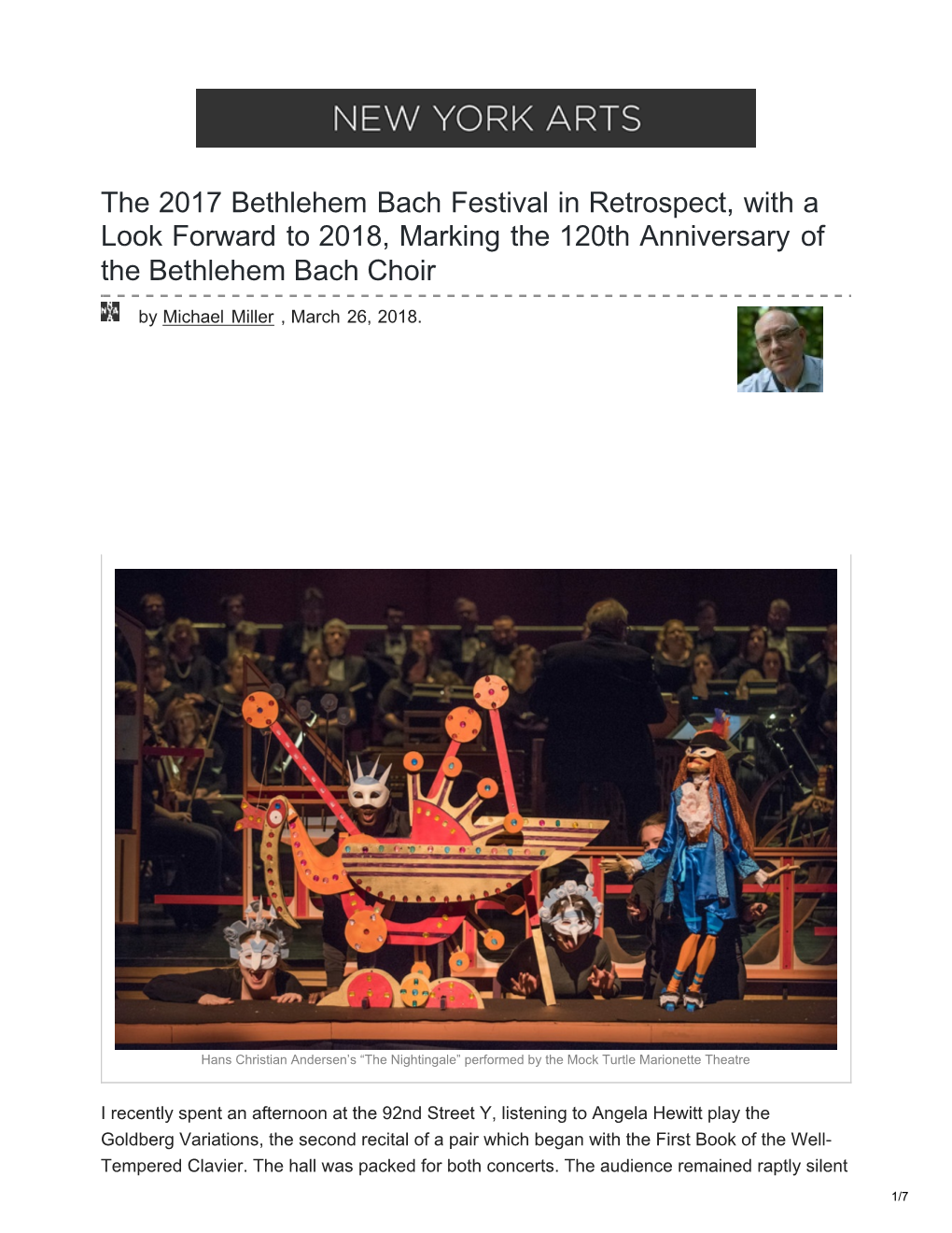 The 2017 Bethlehem Bach Festival in Retrospect, with a Look Forward to 2018, Marking the 120Th Anniversary of the Bethlehem Bach Choir