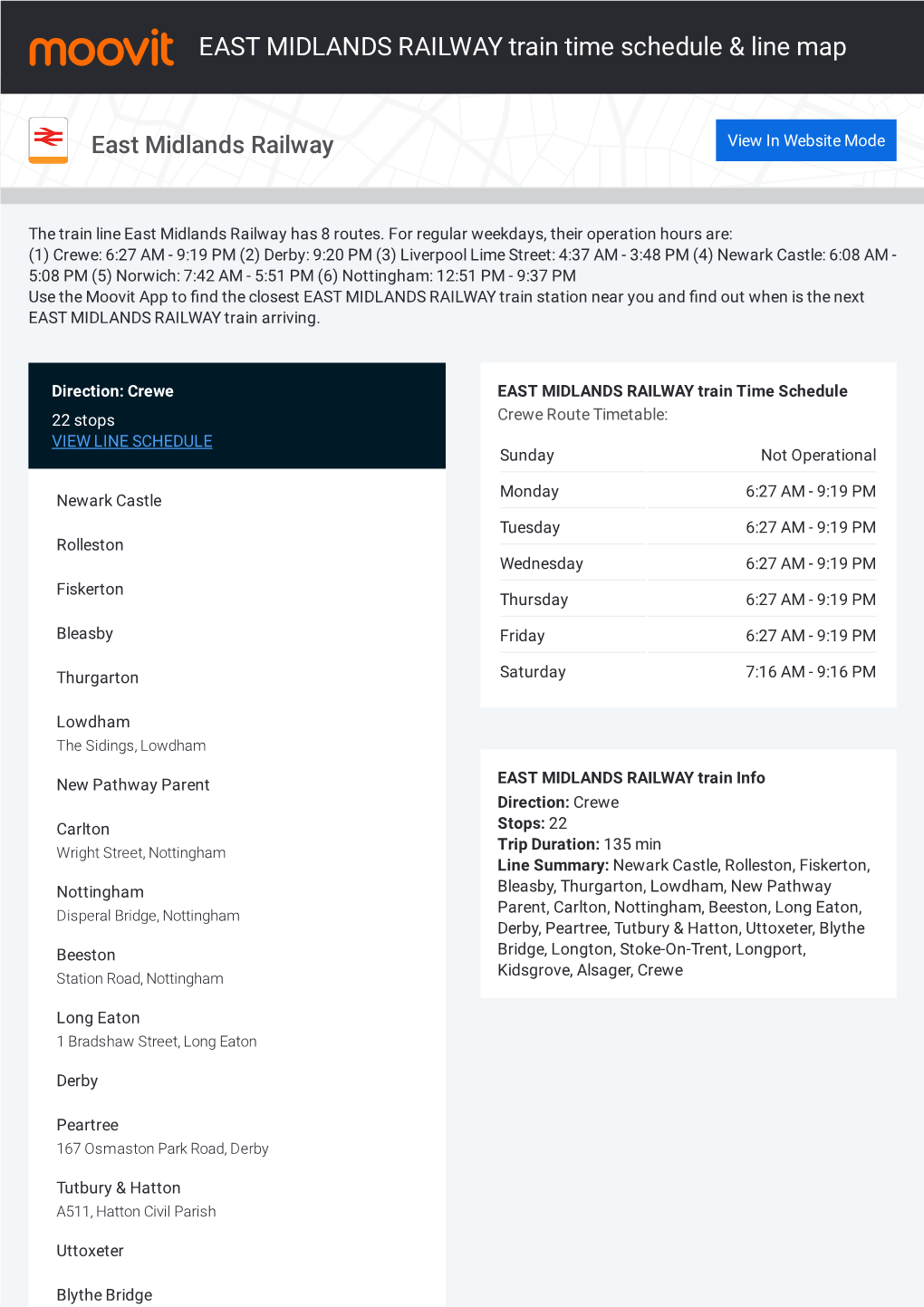 EAST MIDLANDS RAILWAY Train Time Schedule & Line Route