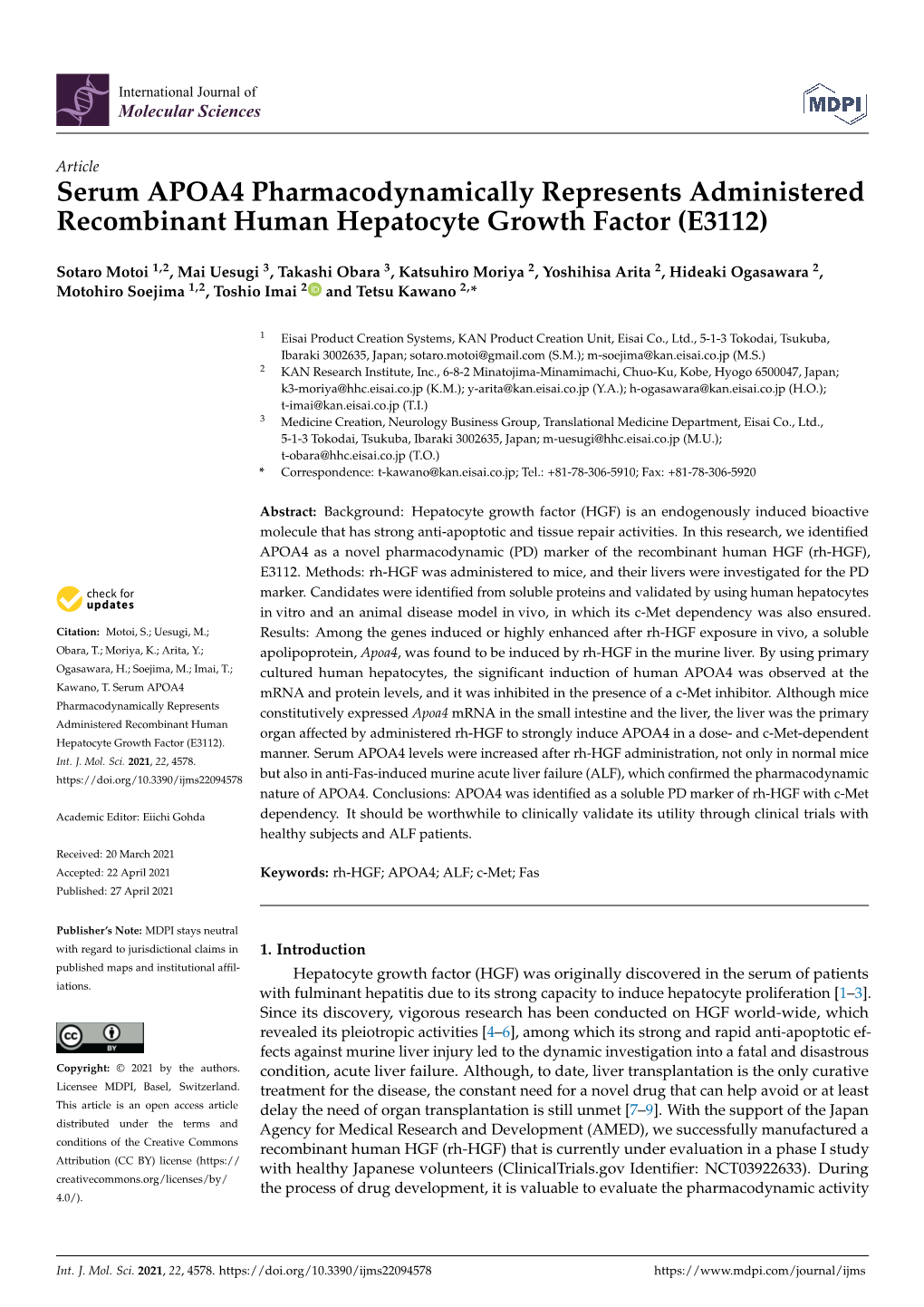 Serum APOA4 Pharmacodynamically Represents Administered Recombinant Human Hepatocyte Growth Factor (E3112)