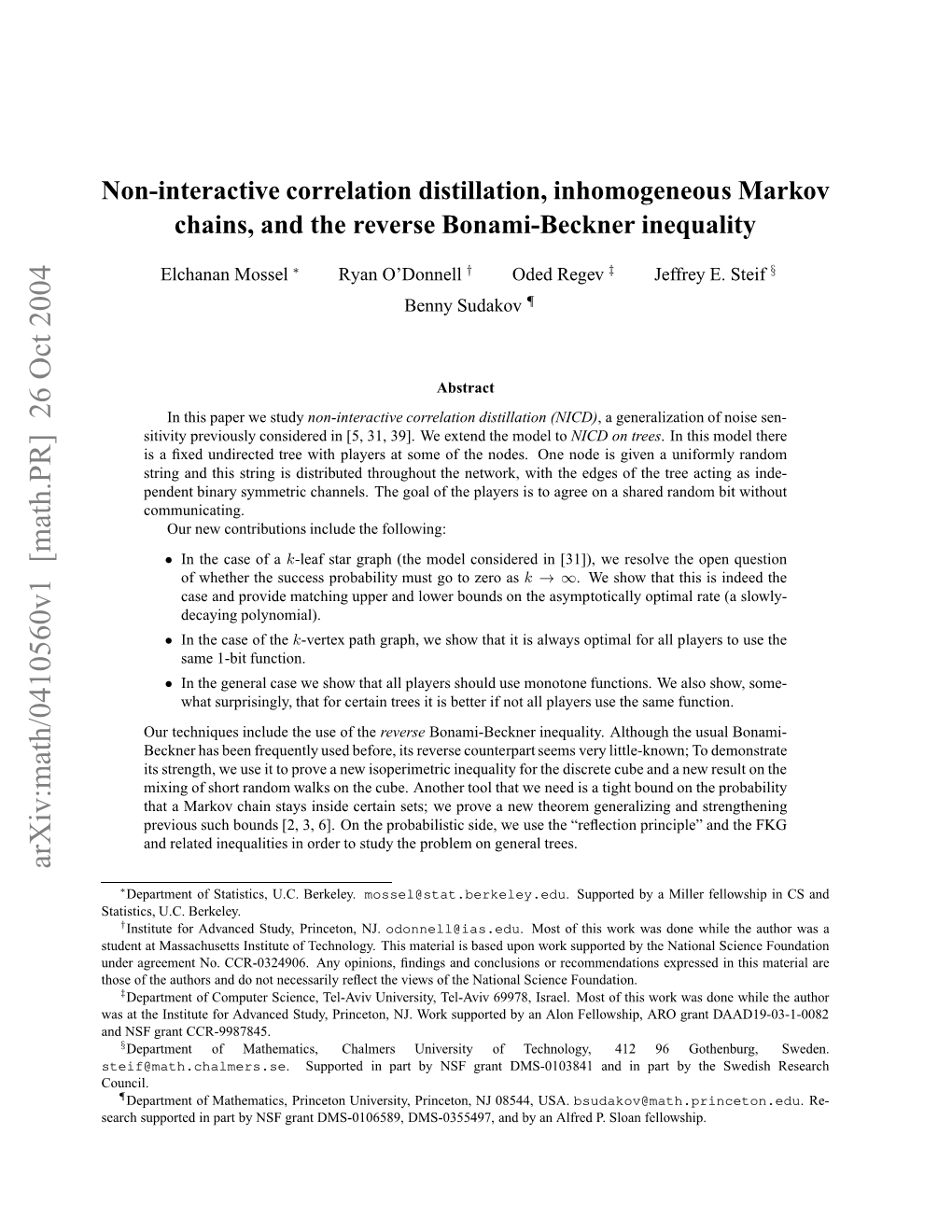 Non-Interactive Correlation Distillation, Inhomogeneous Markov Chains, and the Reverse Bonami-Beckner Inequality