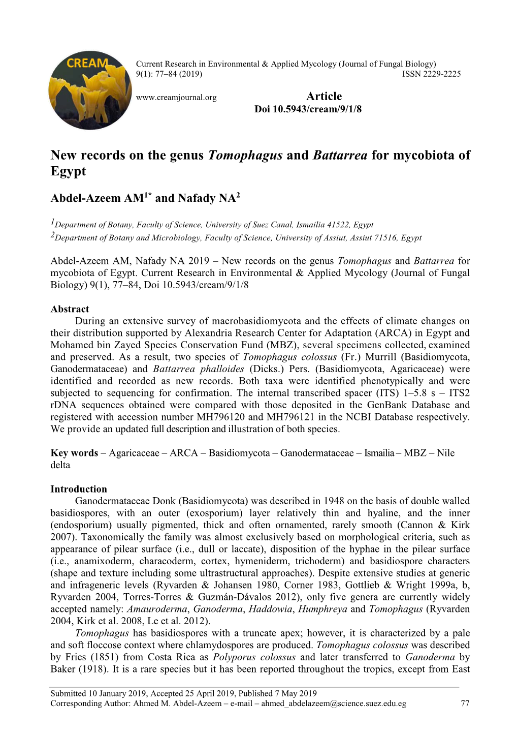 New Records on the Genus Tomophagus and Battarrea for Mycobiota of Egypt