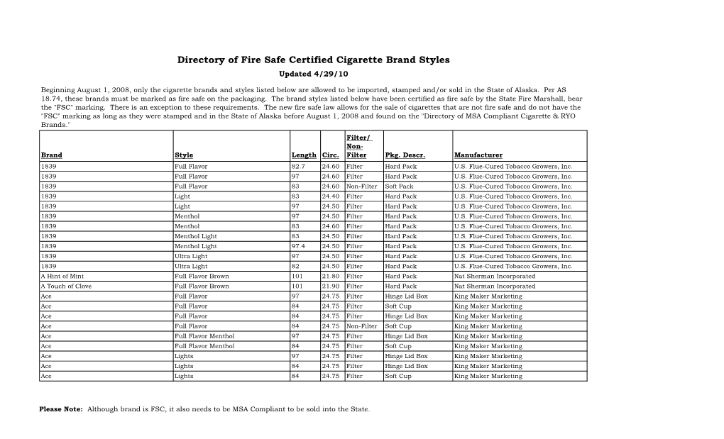 Directory of Fire Safe Certified Cigarette Brand Styles Updated 4/29/10