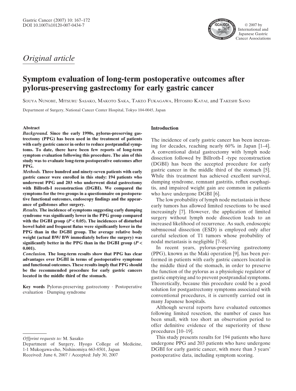 Symptom Evaluation of Long-Term Postoperative Outcomes After Pylorus-Preserving Gastrectomy for Early Gastric Cancer