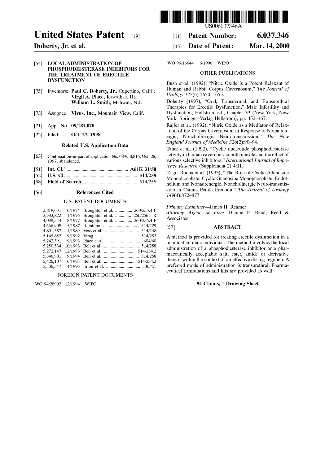 United States Patent (19) 11 Patent Number: 6,037,346 Doherty, Jr