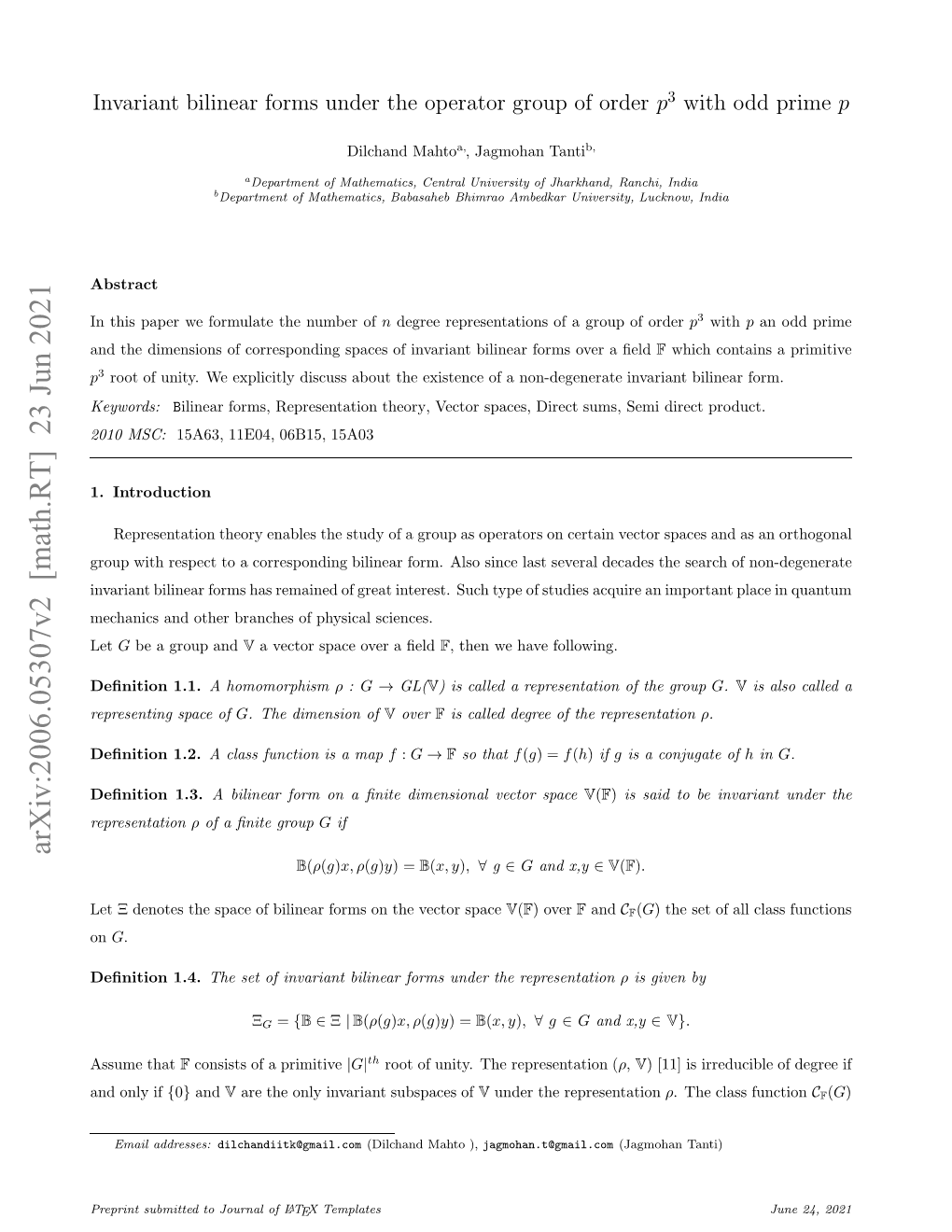 Invariant Bilinear Forms Under the Operator Group of Order P3 with Odd