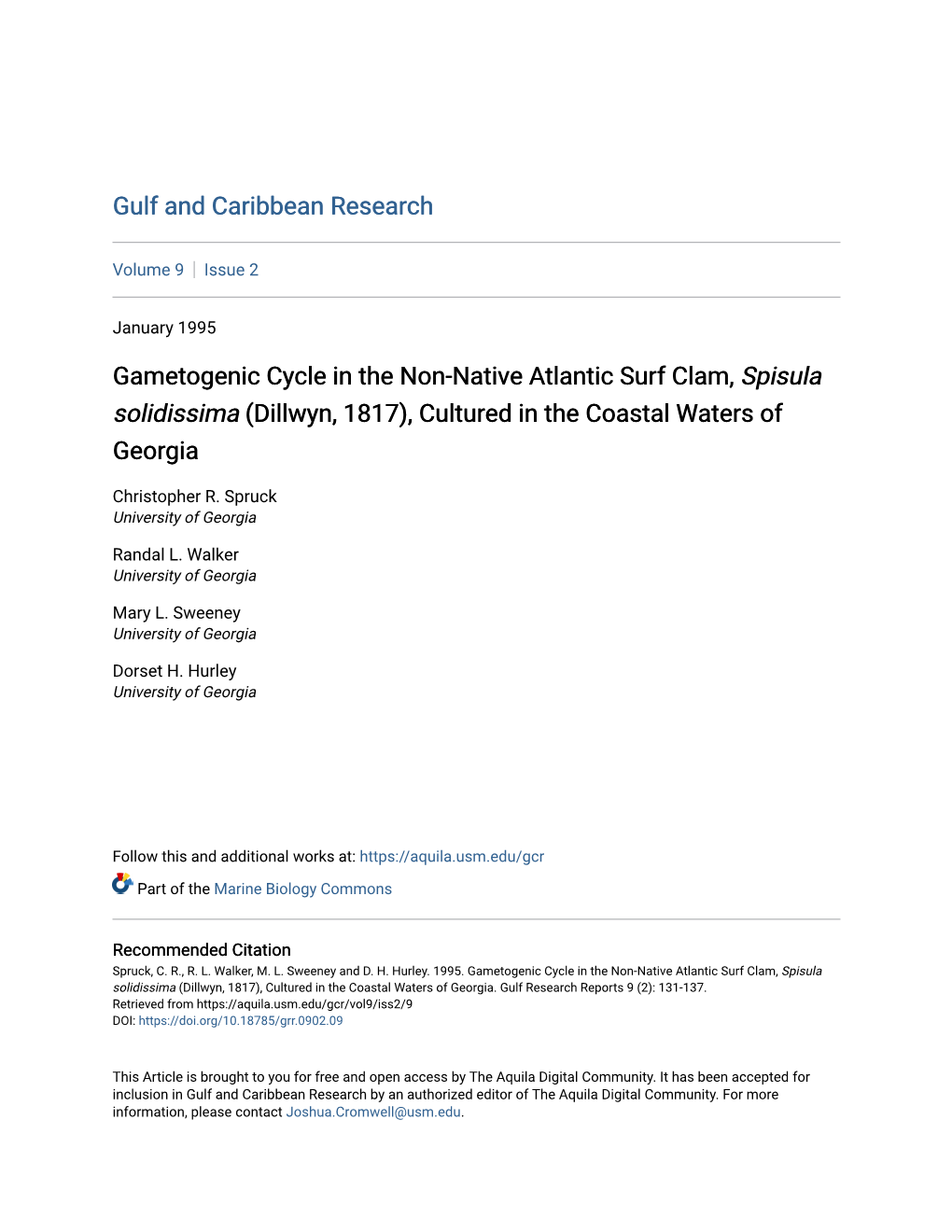 Gametogenic Cycle in the Non-Native Atlantic Surf Clam, Spisula Solidissima (Dillwyn, 1817), Cultured in the Coastal Waters of Georgia