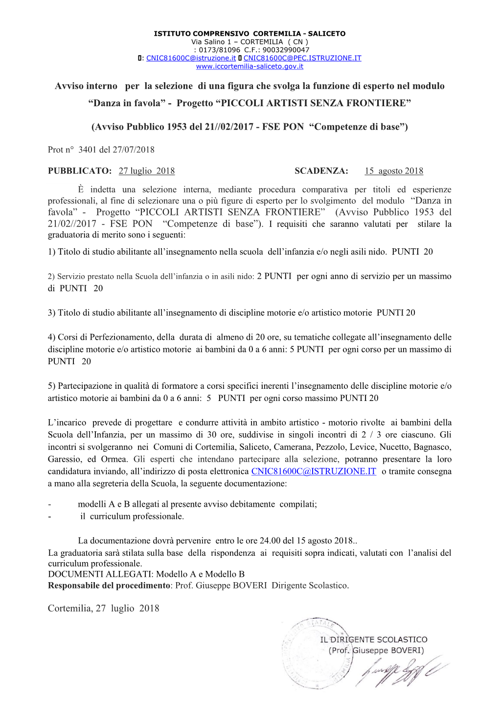 Avviso Interno Per La Selezione Di Una Figura Che Svolga La Funzione Di Esperto Nel Modulo “Danza in Favola” - Progetto “PICCOLI ARTISTI SENZA FRONTIERE”