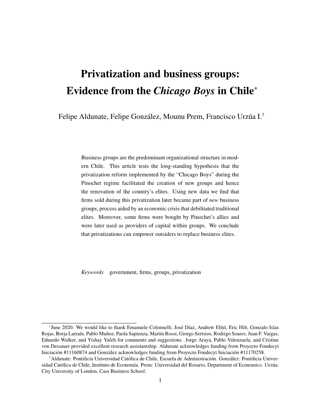 Privatization and Business Groups: Evidence from the Chicago Boys in Chile∗