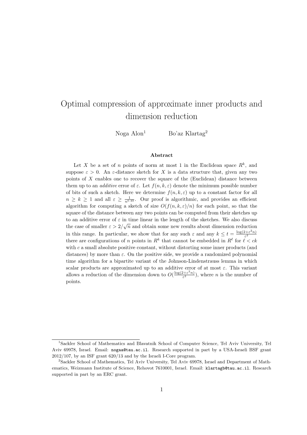 Optimal Compression of Approximate Inner Products and Dimension Reduction