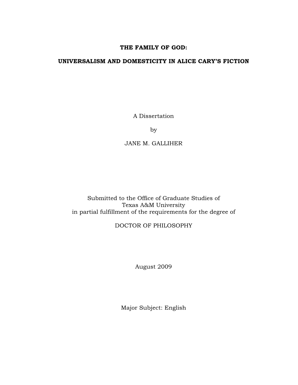 The Family of God: Universalism and Domesticity in Alice Cary’S Fiction