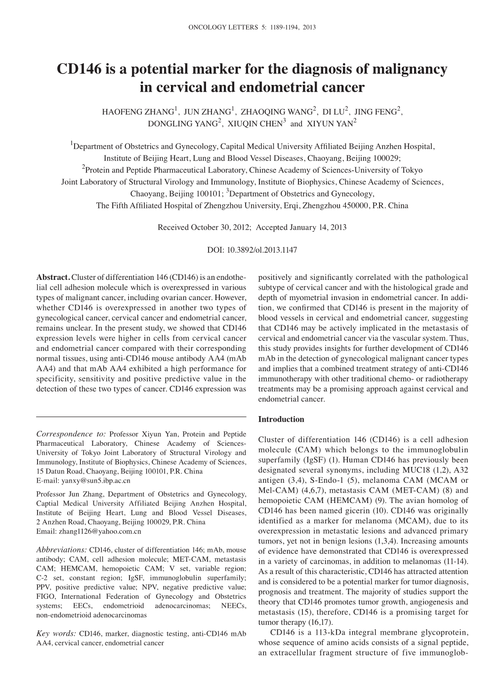 CD146 Is a Potential Marker for the Diagnosis of Malignancy in Cervical and Endometrial Cancer