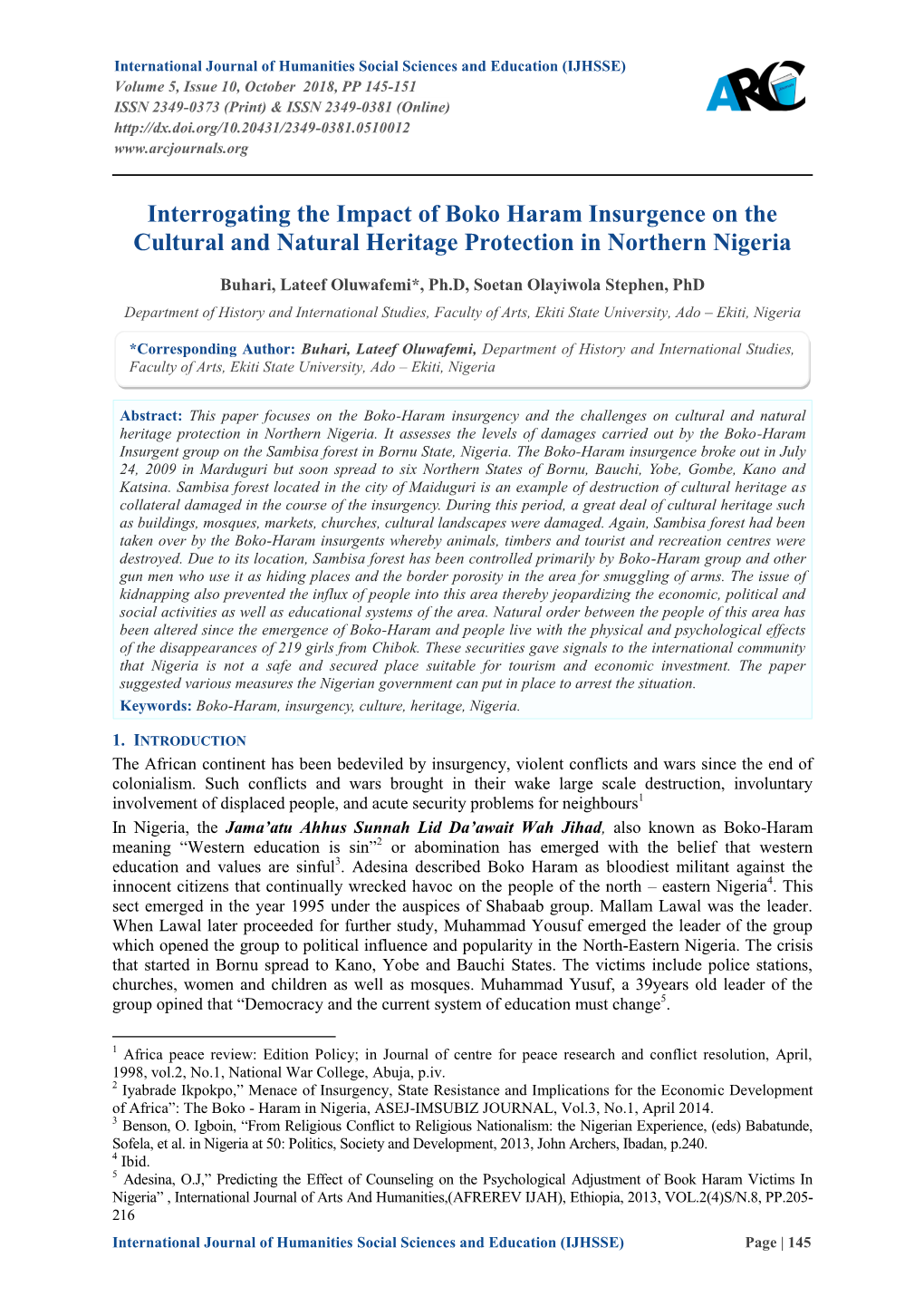 Interrogating the Impact of Boko Haram Insurgence on the Cultural and Natural Heritage Protection in Northern Nigeria