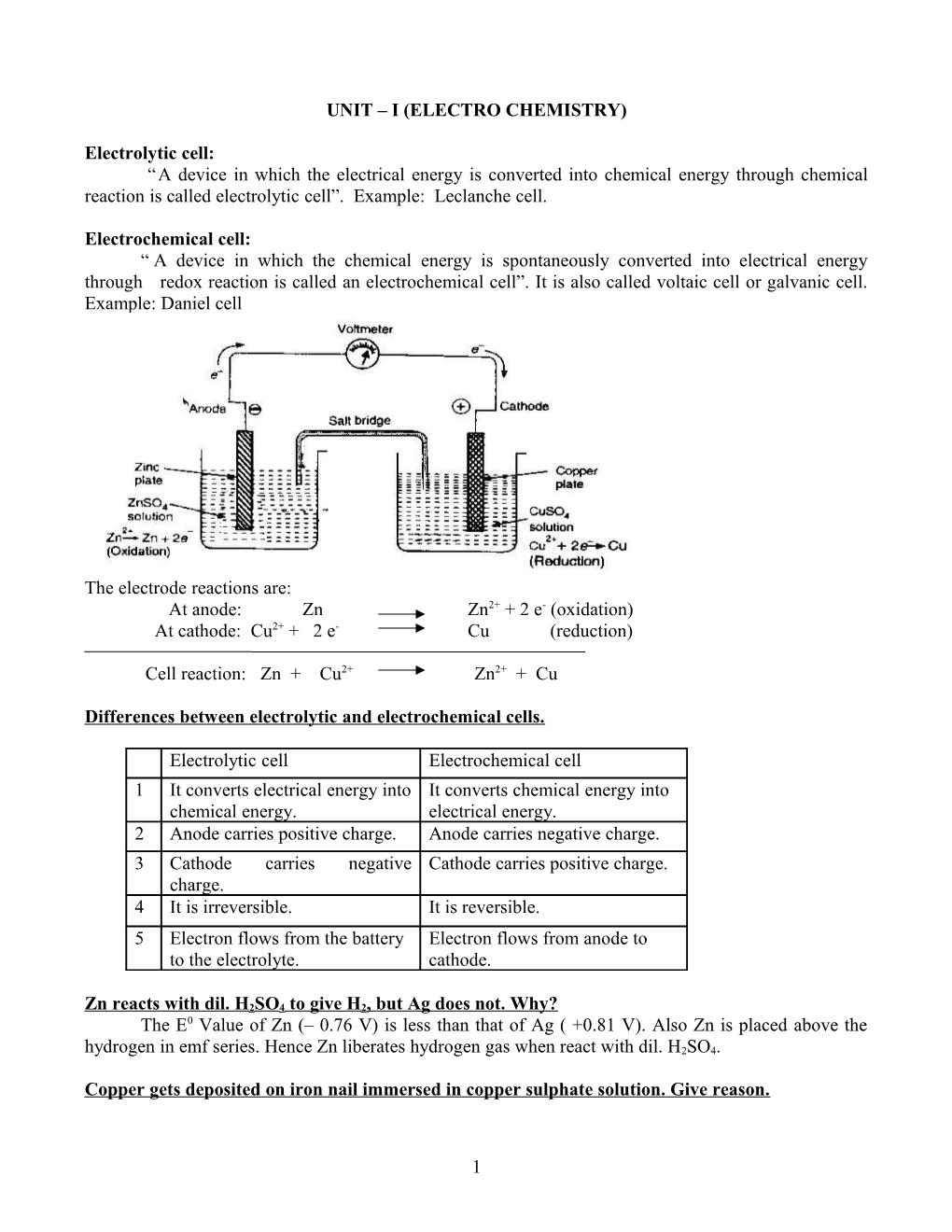 Unit I (Electro Chemistry)