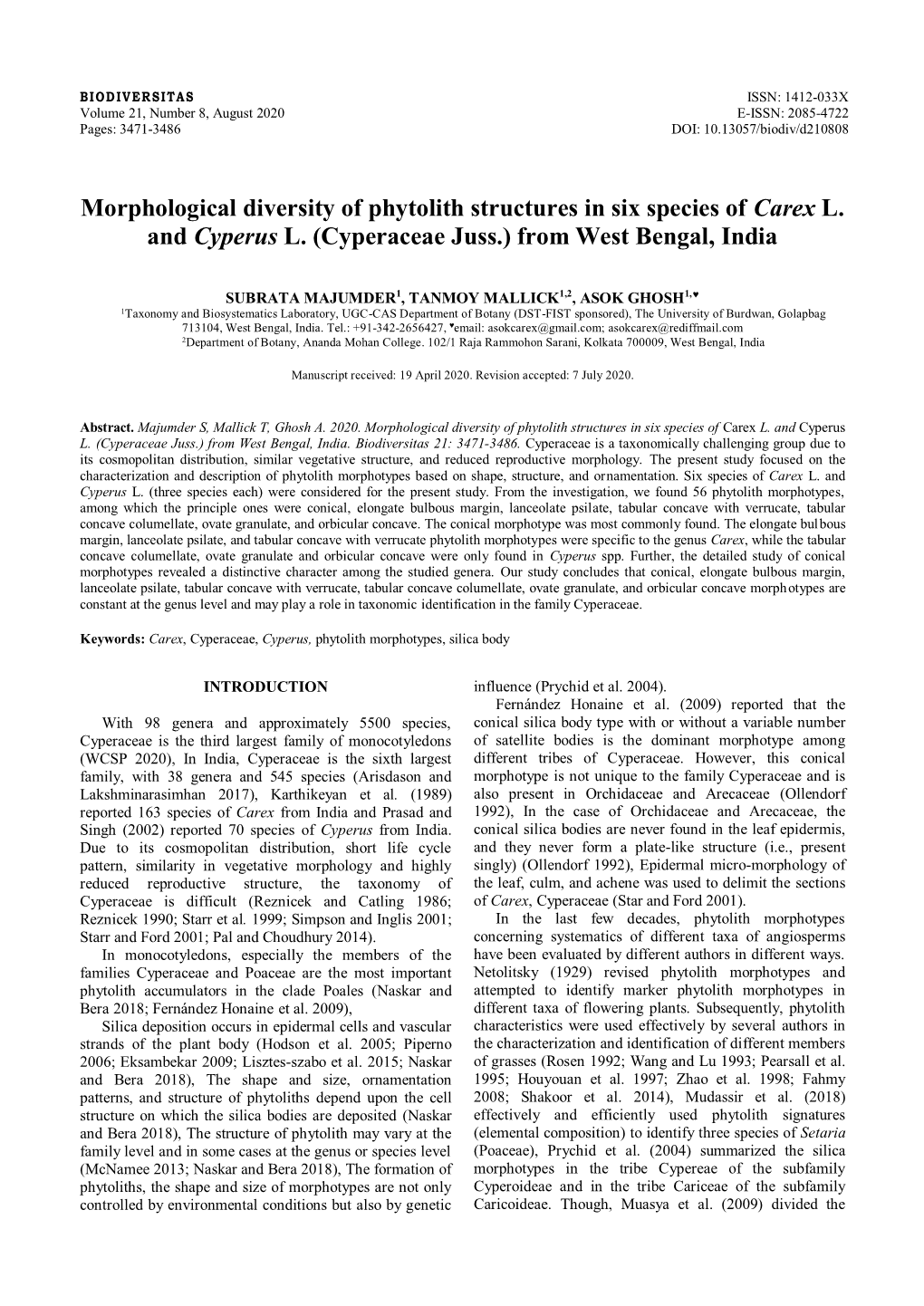 Morphological Diversity of Phytolith Structures in Six Species of Carex L