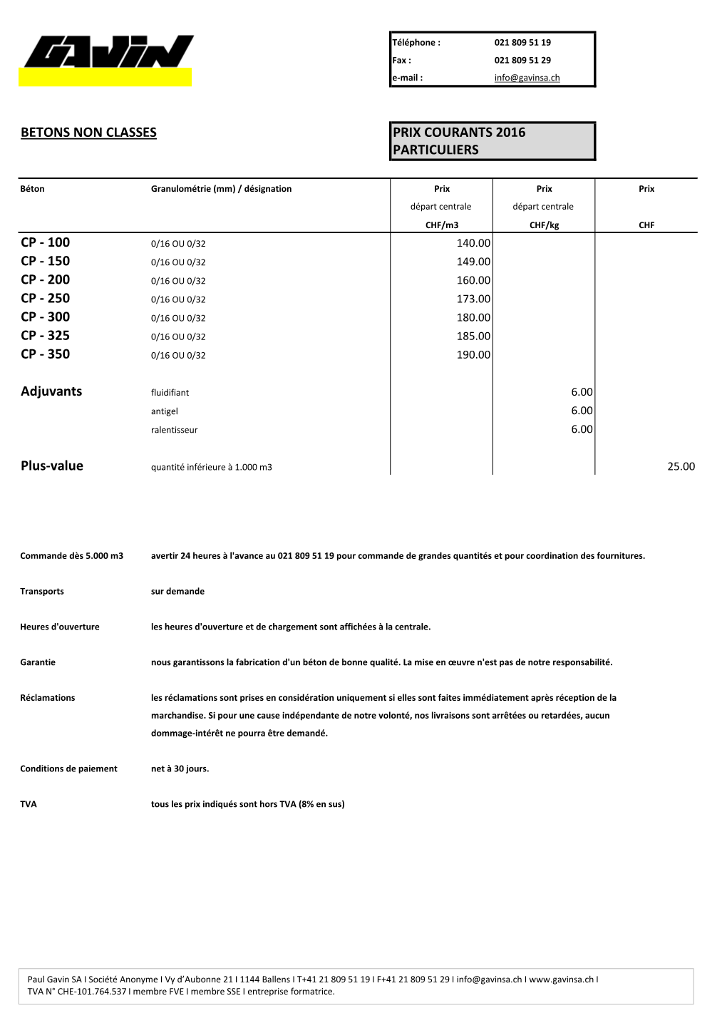 Betons Non Classes Prix Courants 2016 Particuliers Cp