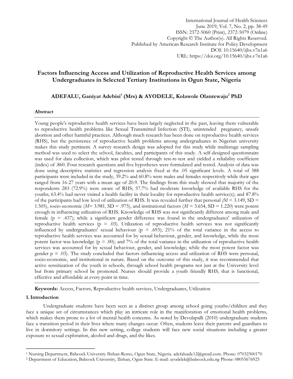 Factors Influencing Access and Utilization of Reproductive Health Services Among Undergraduates in Selected Tertiary Institutions in Ogun State, Nigeria