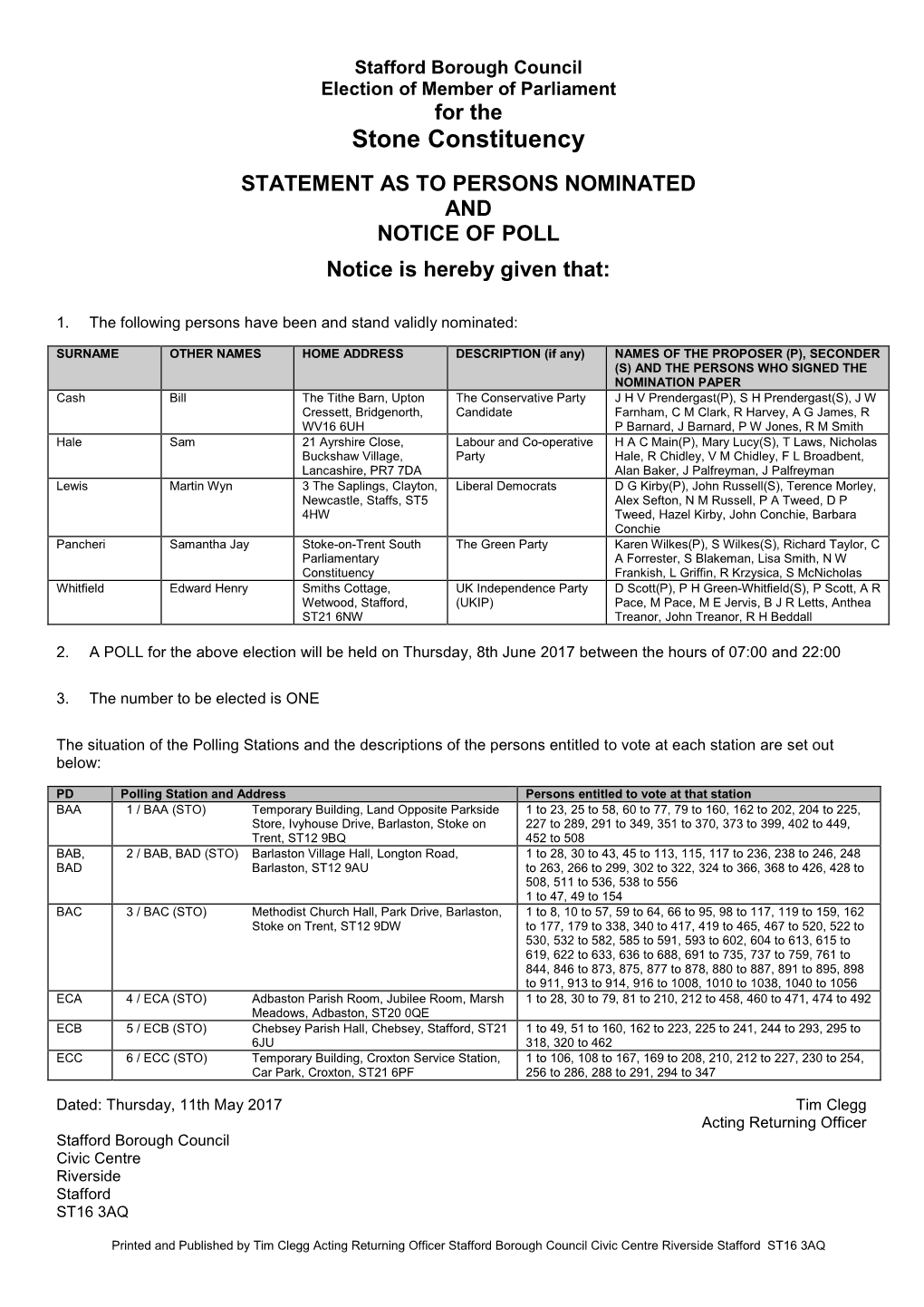 Statement of Persons Nominated and Notice of Poll