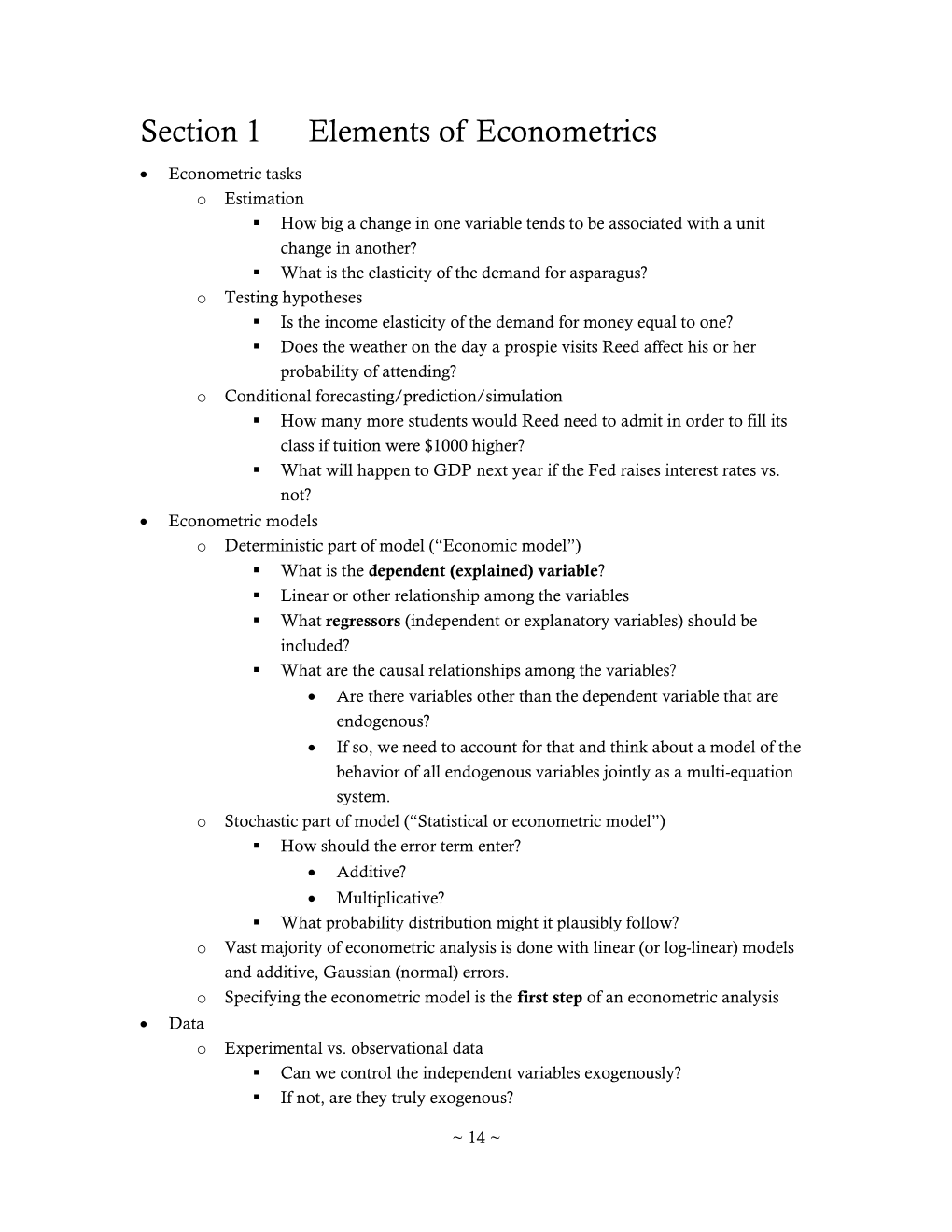 Section 1 Elements of Econometrics