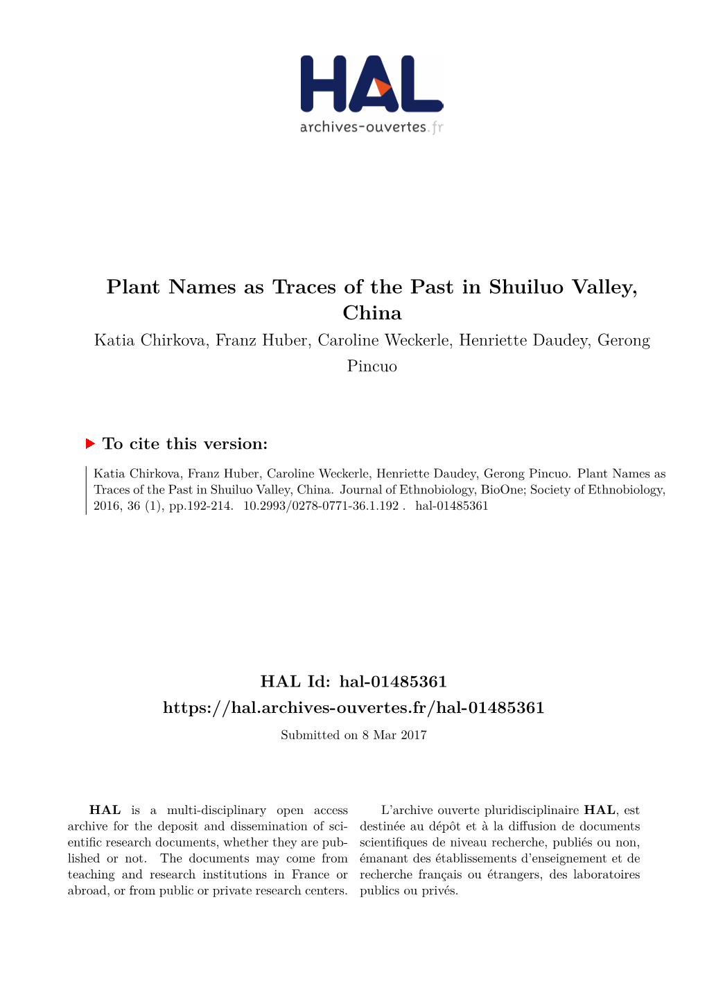Plant Names As Traces of the Past in Shuiluo Valley, China Katia Chirkova, Franz Huber, Caroline Weckerle, Henriette Daudey, Gerong Pincuo