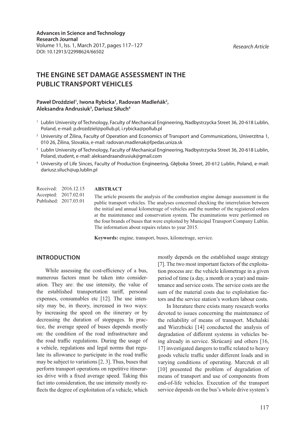 The Engine Set Damage Assessment in the Public Transport Vehicles