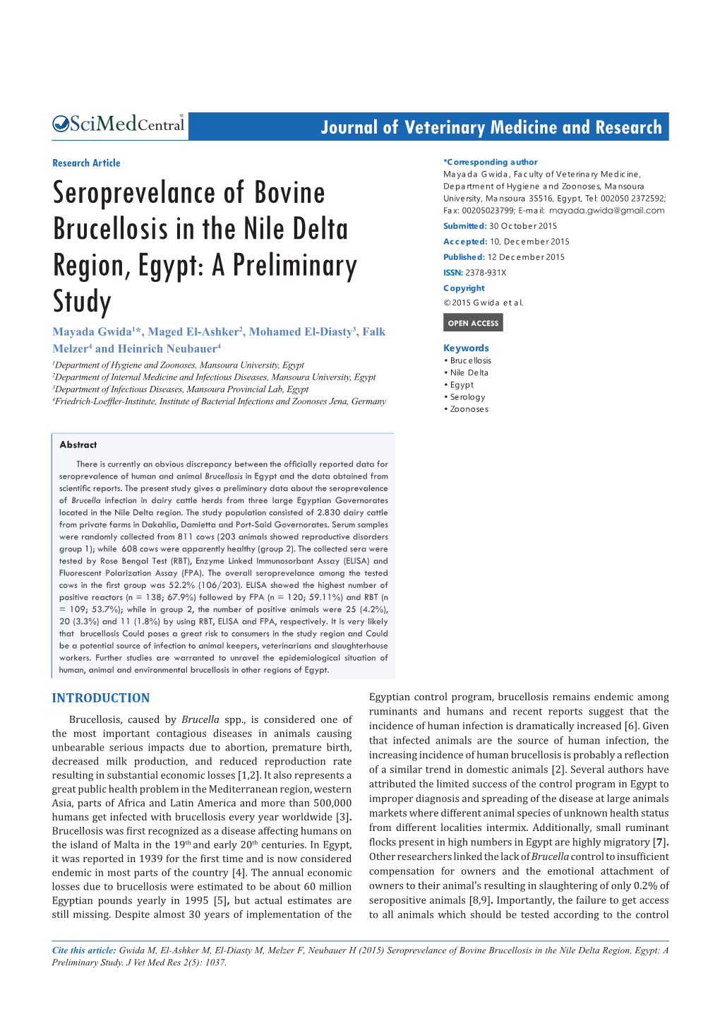 Seroprevelance of Bovine Brucellosis in the Nile Delta Region, Egypt: a Preliminary Study