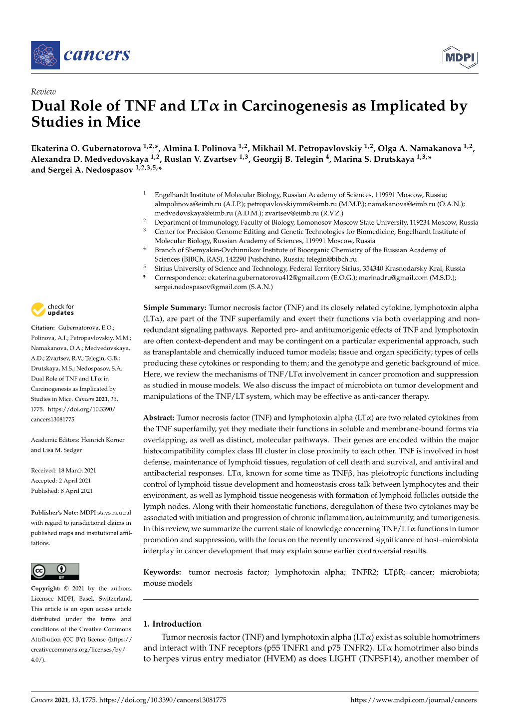 Dual Role of TNF and Ltα in Carcinogenesis As Implicated by Studies in Mice