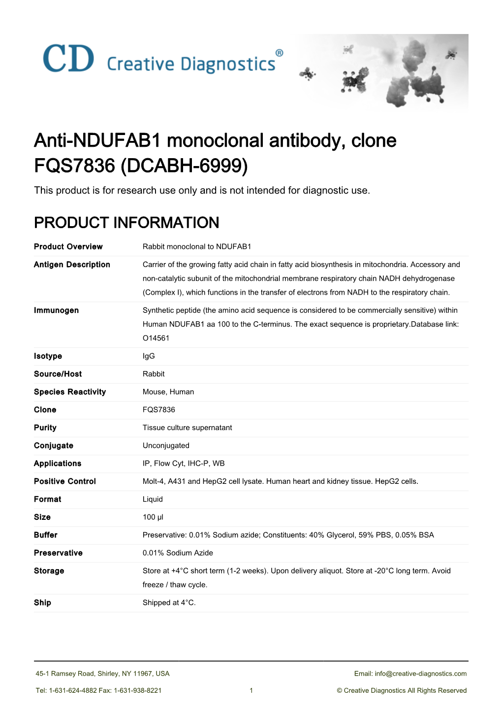 Anti-NDUFAB1 Monoclonal Antibody, Clone FQS7836 (DCABH-6999) This Product Is for Research Use Only and Is Not Intended for Diagnostic Use