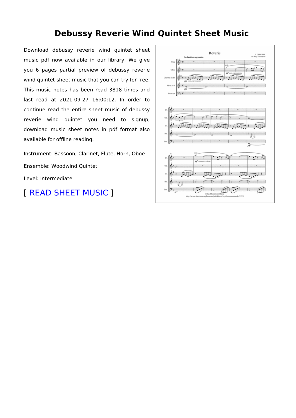 Debussy Reverie Wind Quintet Sheet Music