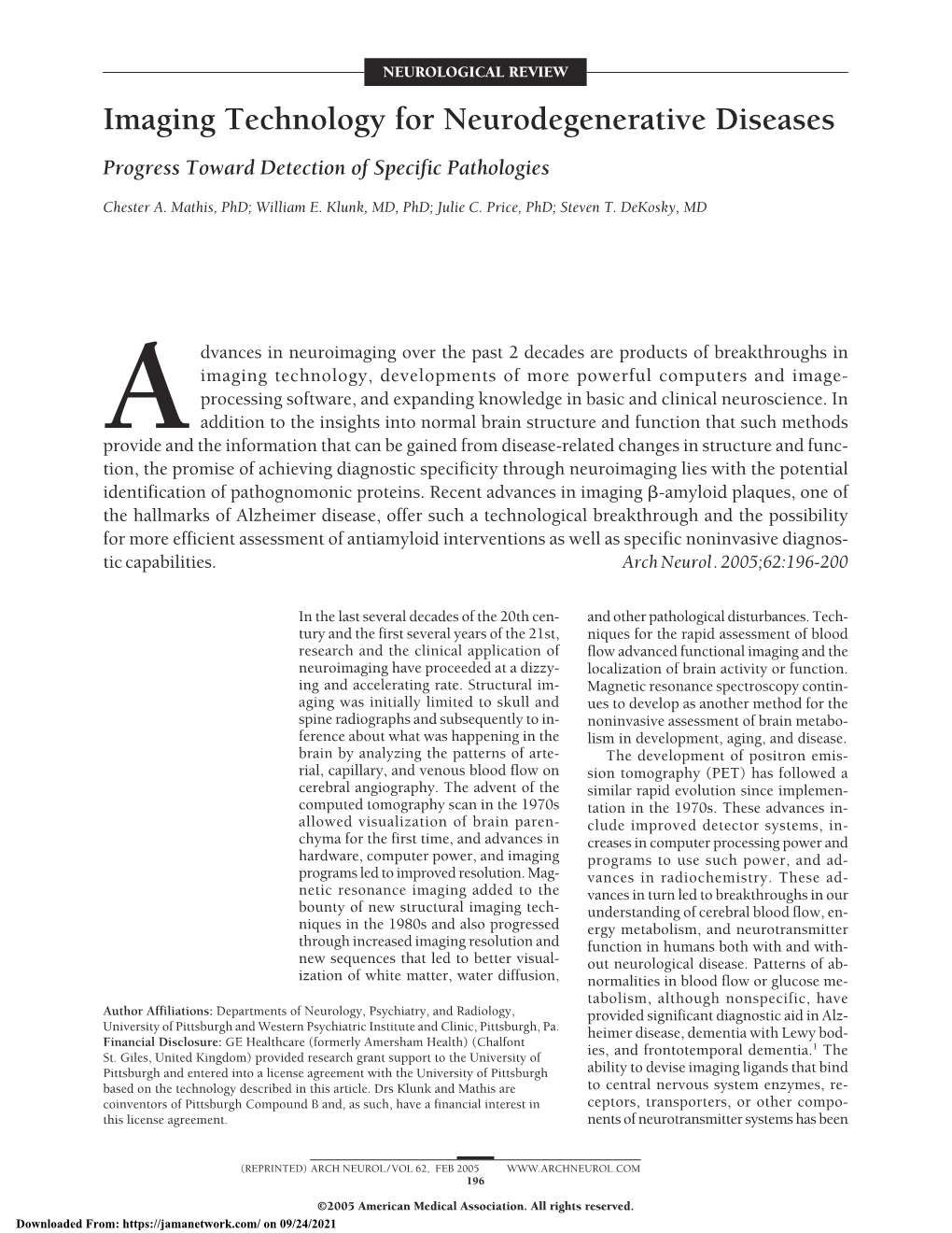 Imaging Technology for Neurodegenerative Diseases Progress Toward Detection of Specific Pathologies