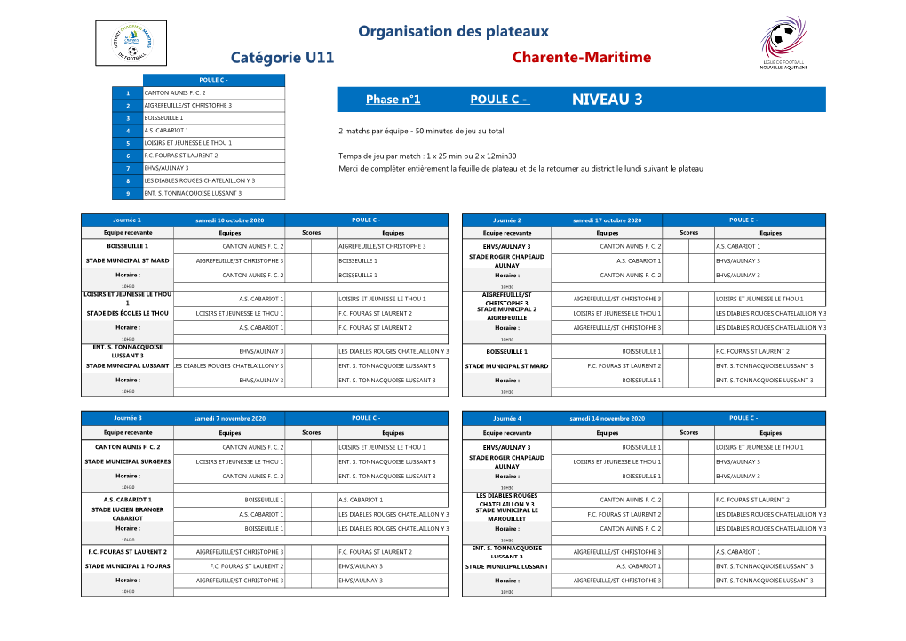 NIVEAU 3 Organisation Des Plateaux Catégorie U11 Charente-Maritime