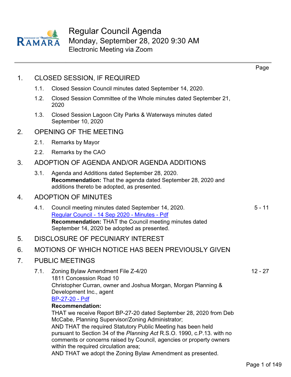 Regular Council Agenda Monday, September 28, 2020 9:30 AM Electronic Meeting Via Zoom