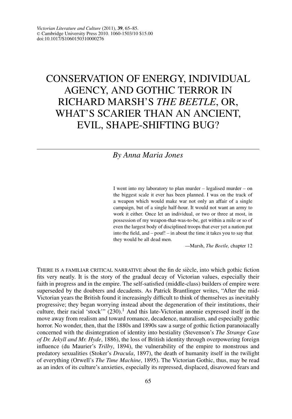 Conservation of Energy, Individual Agency, and Gothic Terror in Richard Marsh’S the Beetle,Or, What’S Scarier Than an Ancient, Evil, Shape-Shifting Bug?