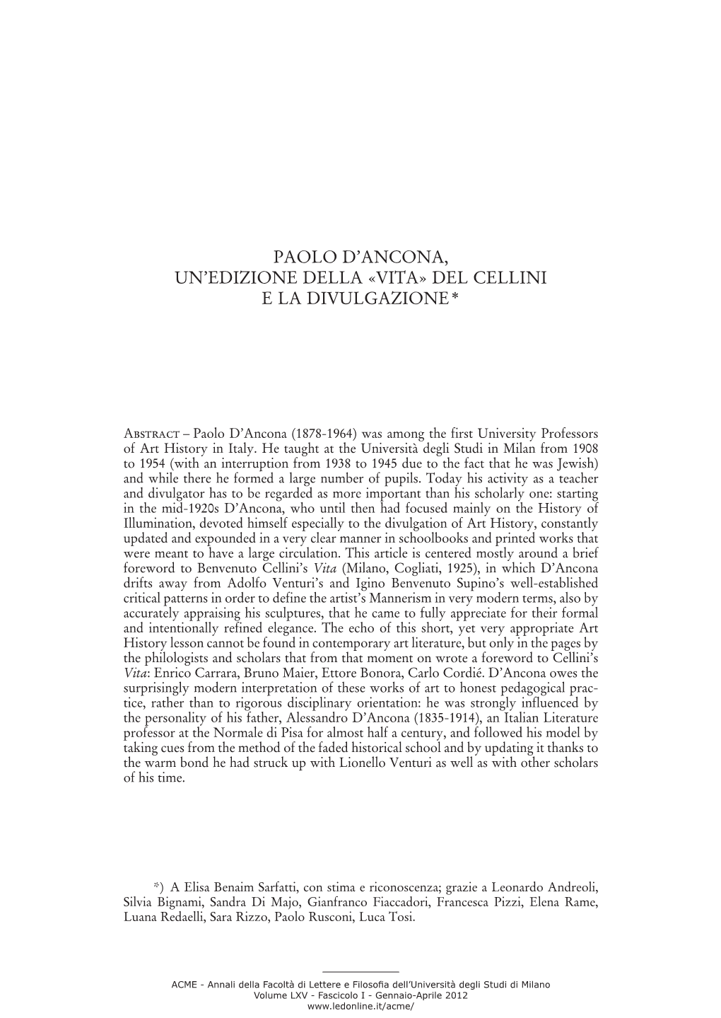 Paolo D'ancona, Un'edizione Della «Vita» Del Cellini E La Divulgazione