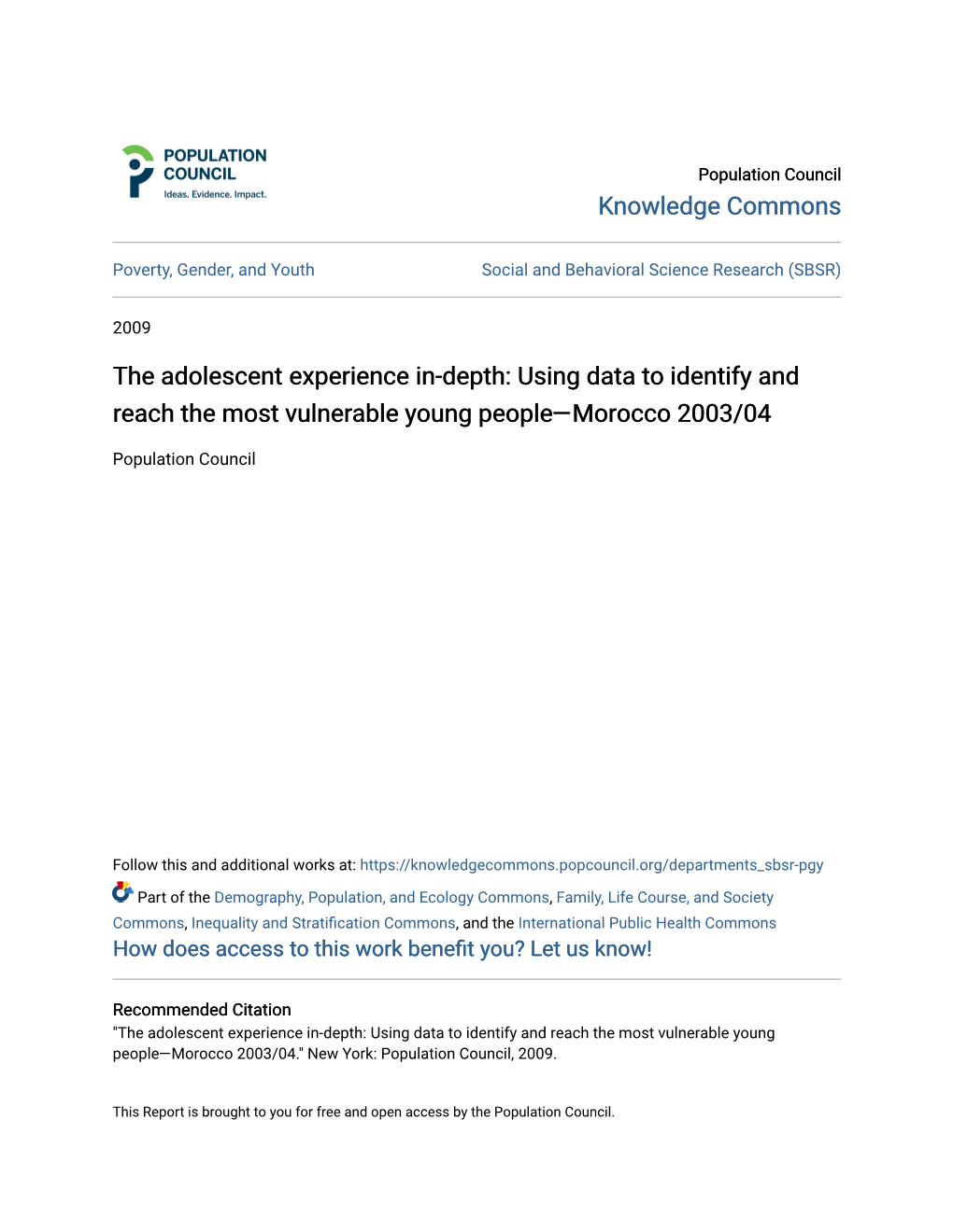 The Adolescent Experience In-Depth: Using Data to Identify and Reach the Most Vulnerable Young People—Morocco 2003/04