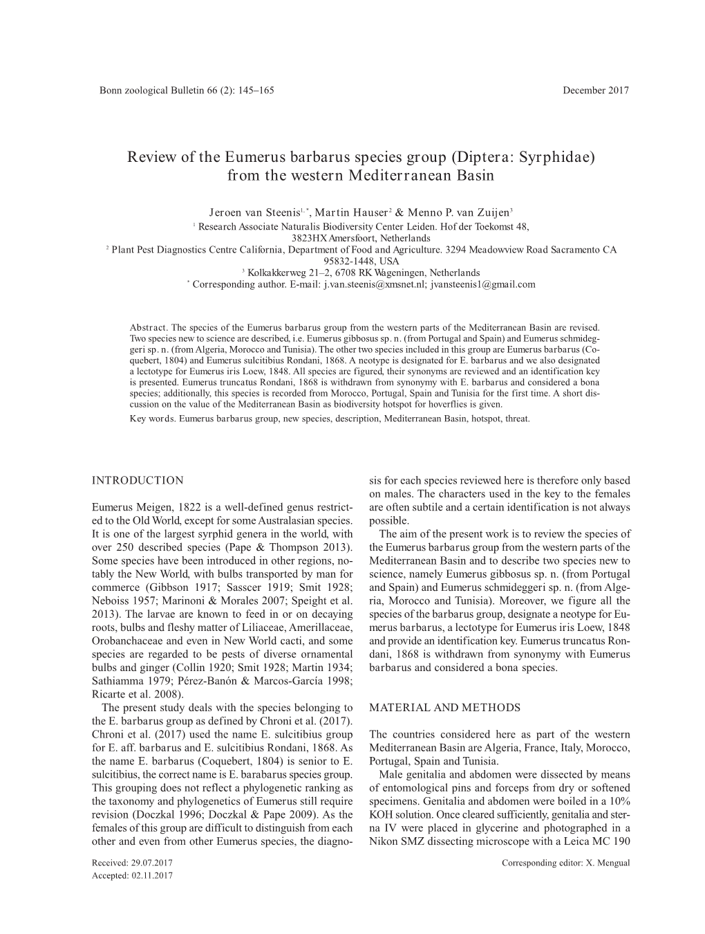 Review of the Eumerus Barbarus Species Group (Diptera: Syrphidae) from the Western Mediterranean Basin