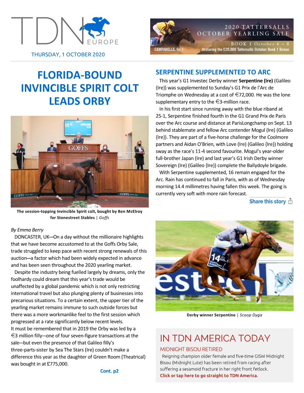 Florida-Bound Invincible Spirit Colt Leads Orby Cont