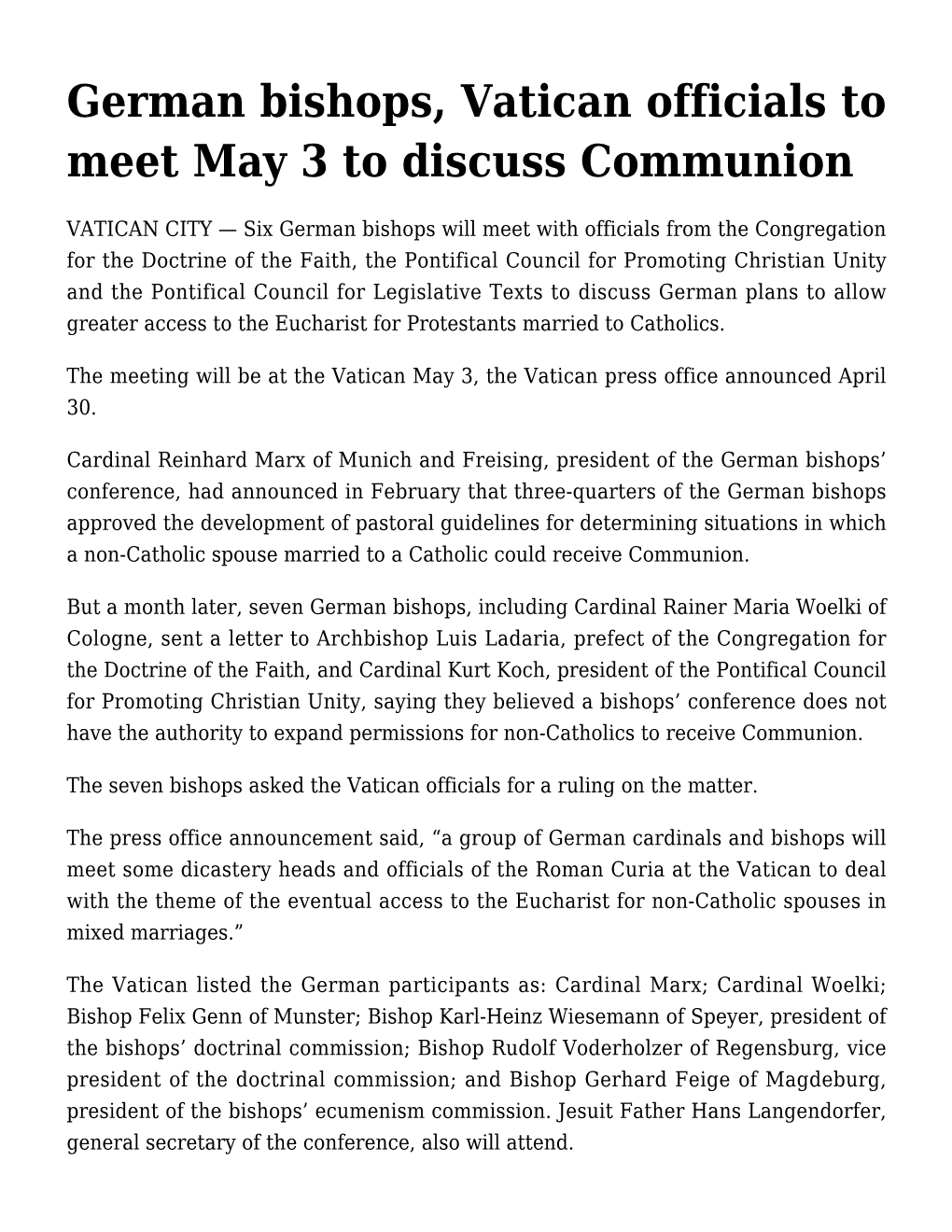 German Bishops, Vatican Officials to Meet May 3 to Discuss Communion