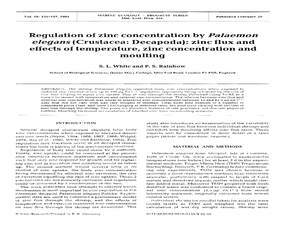 Regulation of Zinc Concentration by Palaemon Elegans (Crustacea: Decapoda): Zinc Flux and Effects of Temperature, Zinc Concentration and Moulting