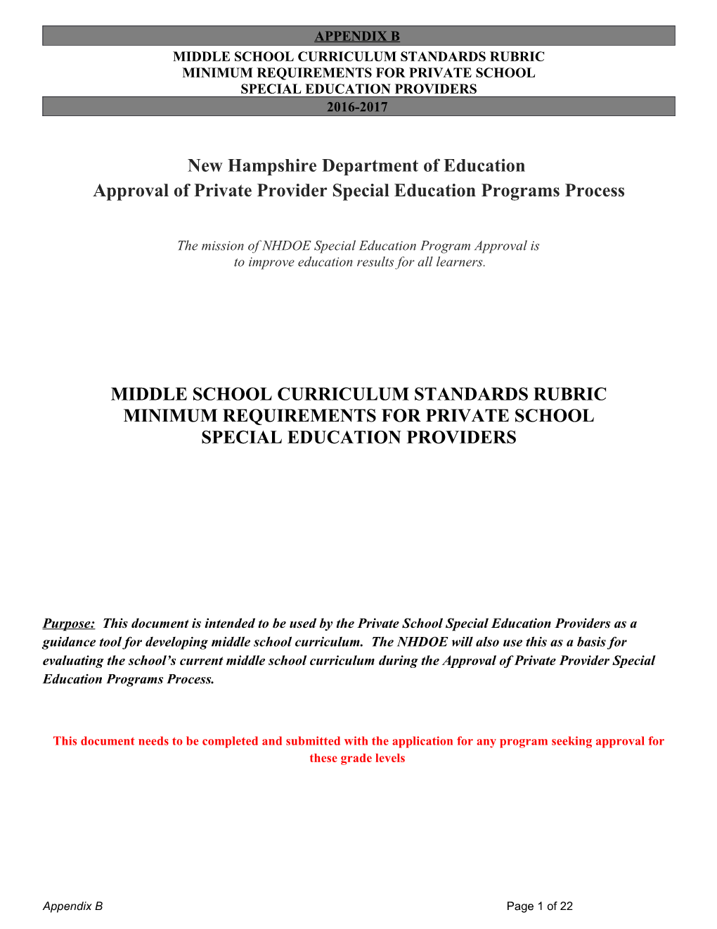 Middle School Curriculum Standards Rubric