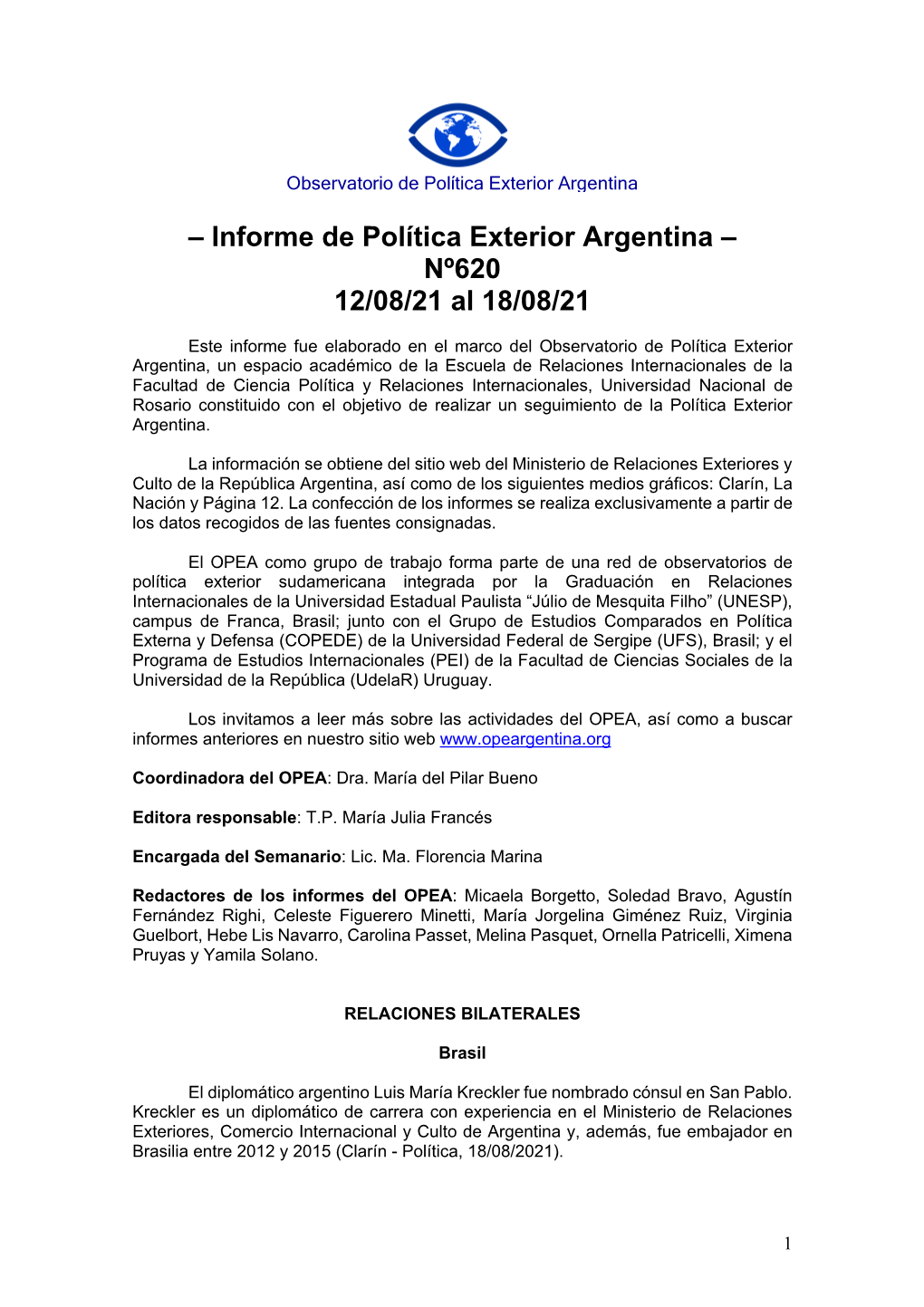 Informe De Política Exterior Argentina – Nº620 12/08/21 Al 18/08/21