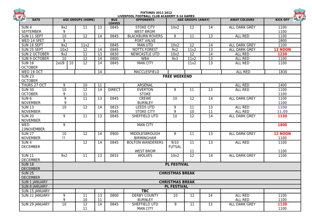 Liverpool Football Club Academy 9-14 Games