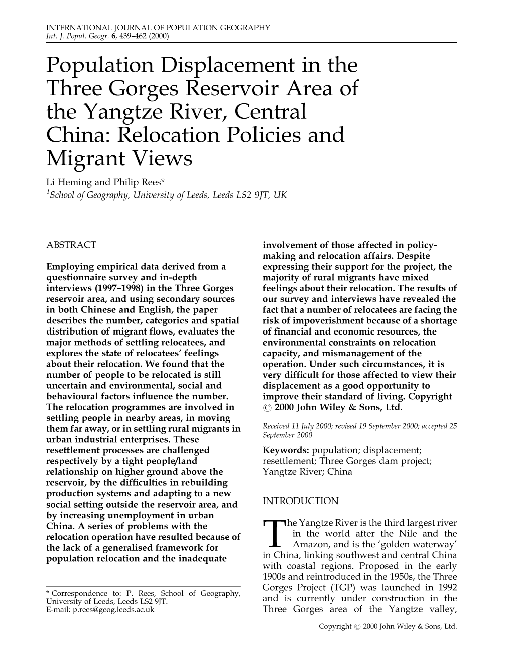 Population Displacement in the Three Gorges Reservoir Area of the Yangtze River, Central China: Relocation Policies and Migrant Views