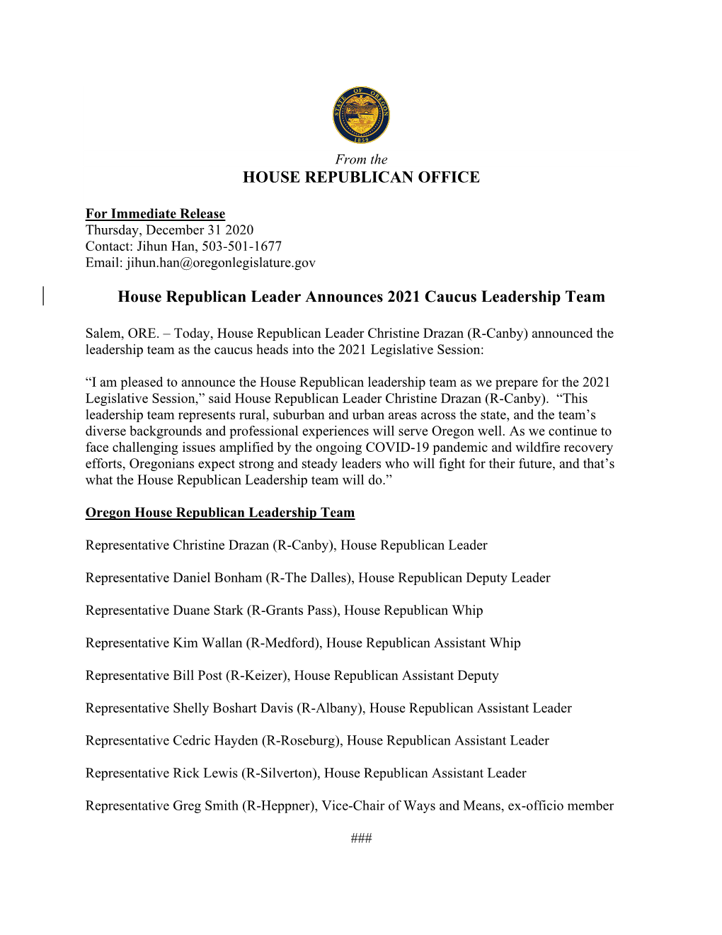 House Republican Leader Announces Leadership Team