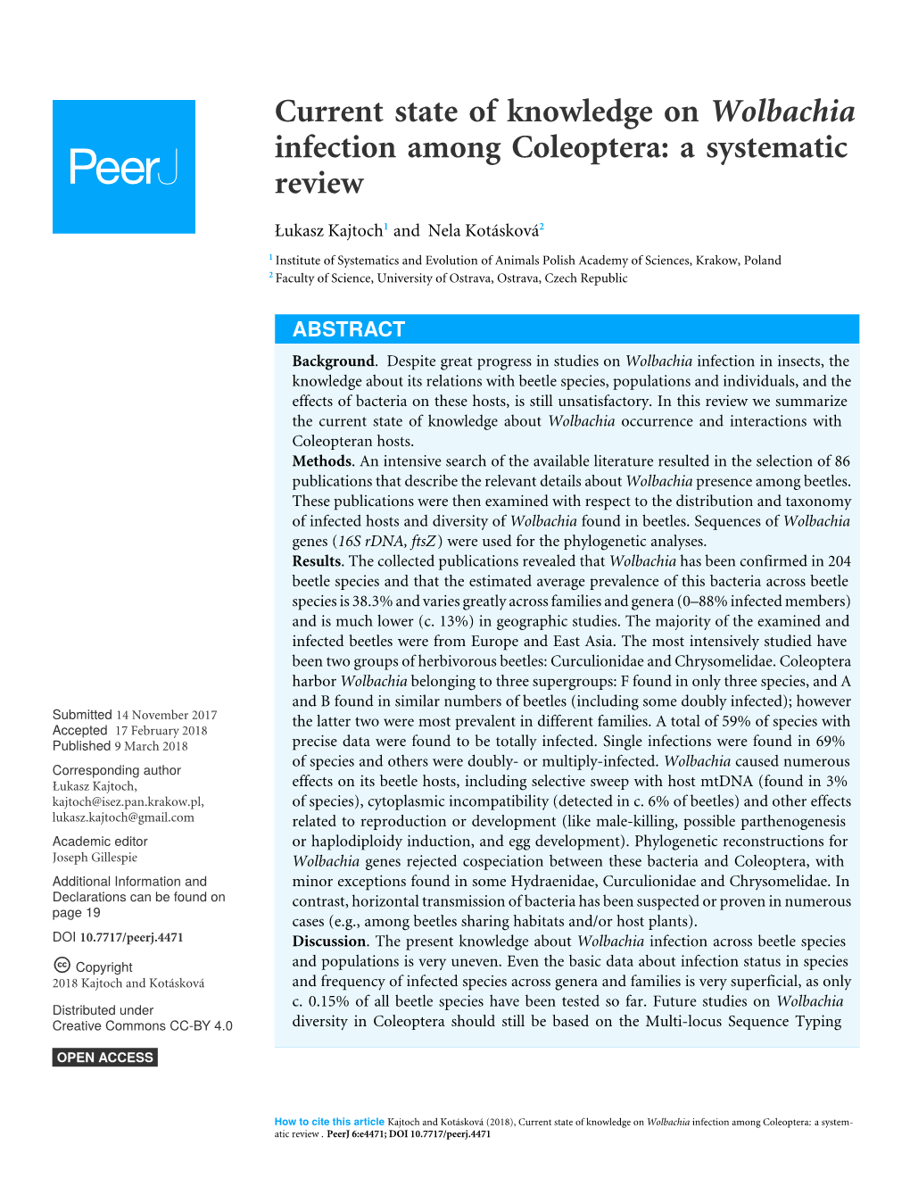 Current State of Knowledge on Wolbachia Infection Among Coleoptera: a Systematic Review